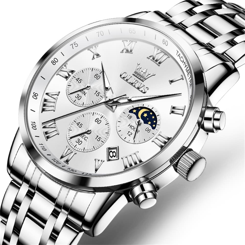 OLEVS Chronograph Moon Phase Dress Watch for Men Stainless Steel 5529