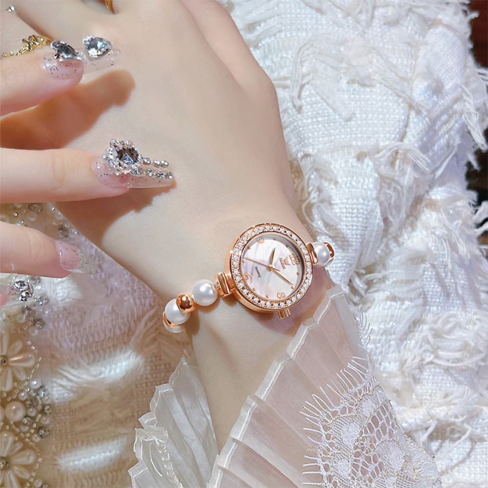 OLEVS Women Pearl Bracelet Watch Diamond Bezel Mother of Pearl Quartz 5640