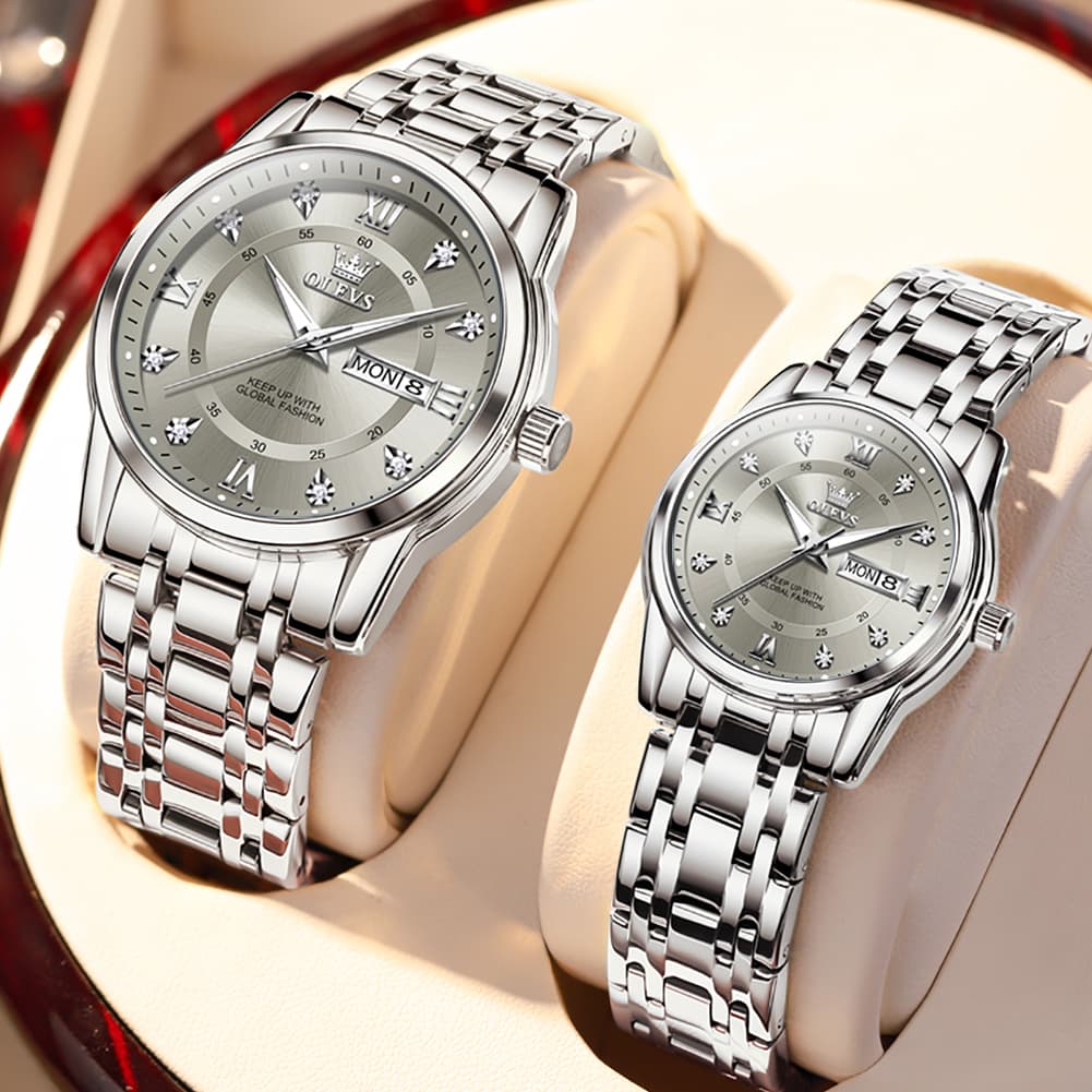OLEVS Couple Watches Diamond Dial Day Date Quartz Watch 5513 Steel Band for His and Hers