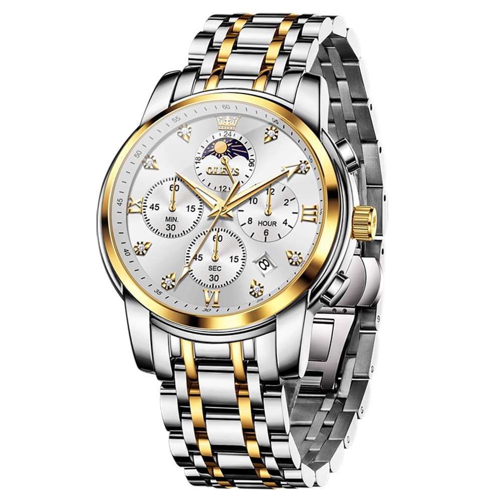 OLEVS 3655 Chronograph Moon Phase Roman Diamond Dial Stainless Steel Watch For Men