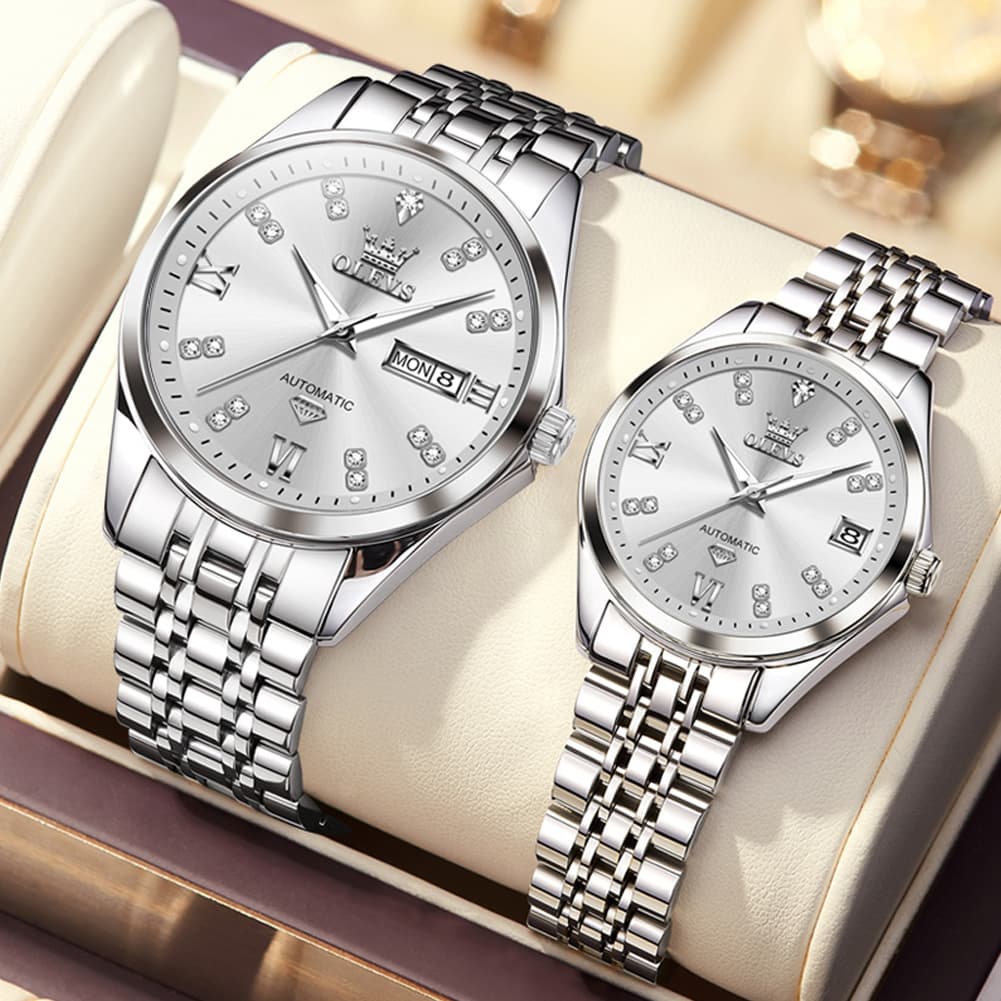 OLEVS Couple Watches Set Automatic Mechanical Diamond Dial 9801 for His and Hers