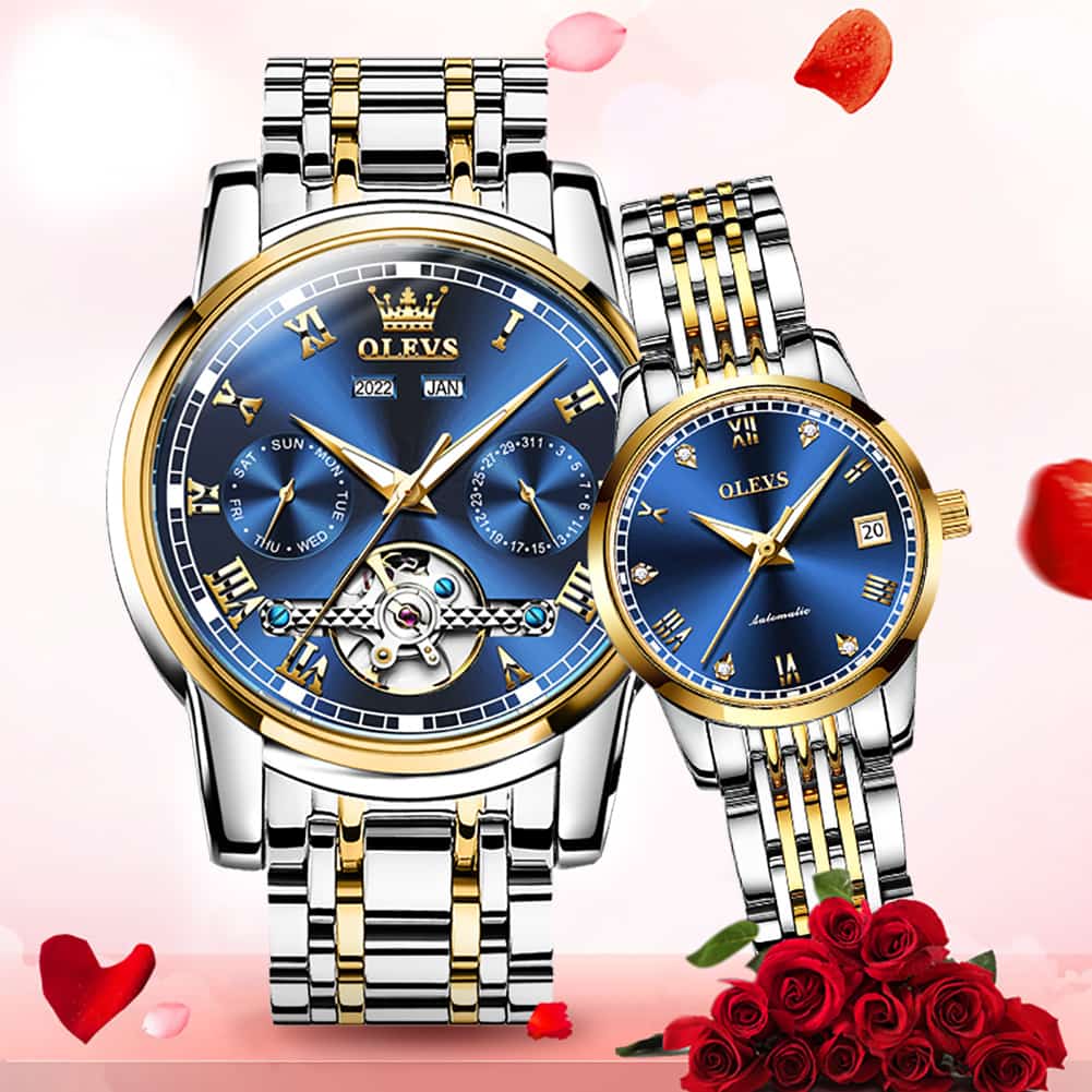 OLEVS 6607 Open Heart Automatic Mechanical Couple Watch Set