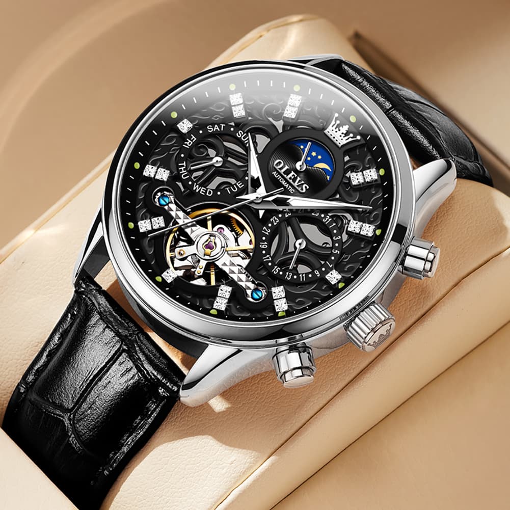 OLEVS 6658 Leather Skeleton Moon Phase Watch for Men
