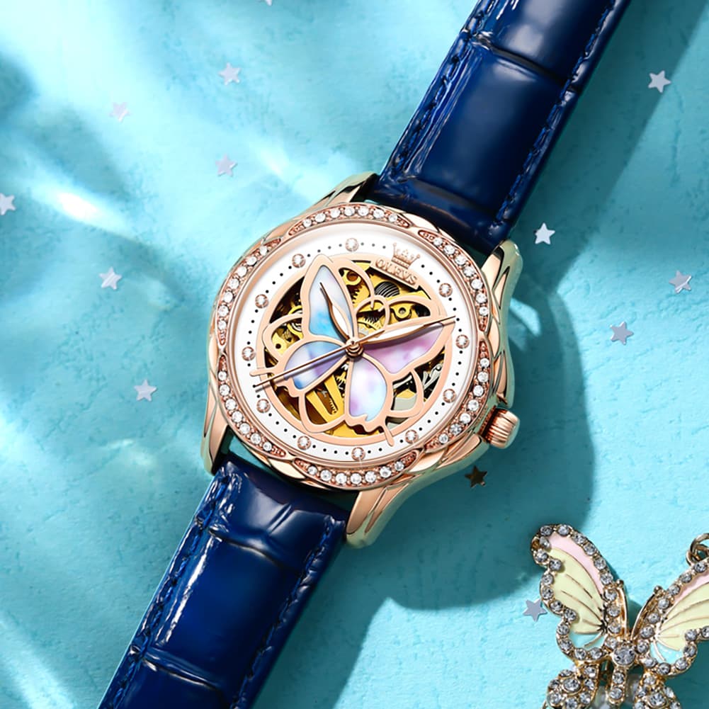 OLEVS 6615 Automatic Skeleton Bright Butterfly Watch Set for Women