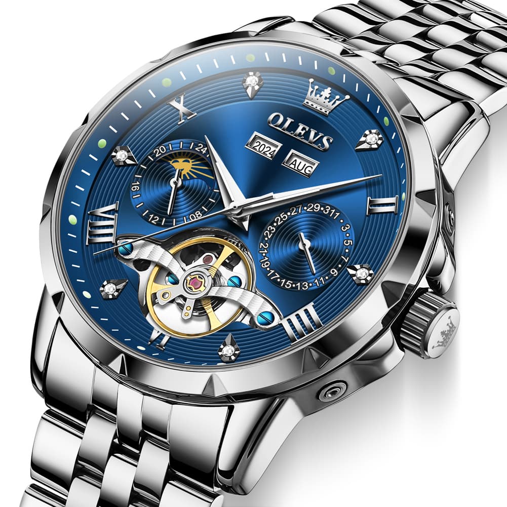 OLEVS 6691 Automatic Moon Phase Skeleton Steel Watch for Men