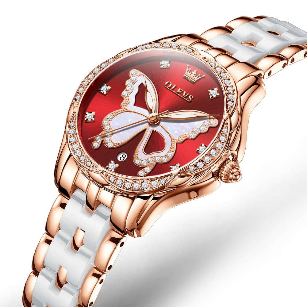 OLEVS Women Butterfly Watch Ceramic Rose Gold Diamond Date Quartz 5610