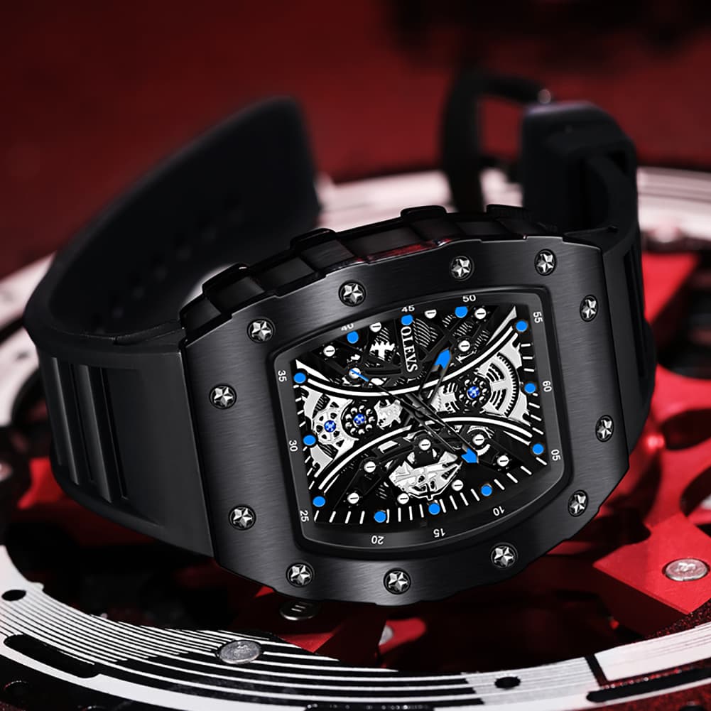 OLEVS 3602 Tonneau Skeleton Quartz Watch for Men