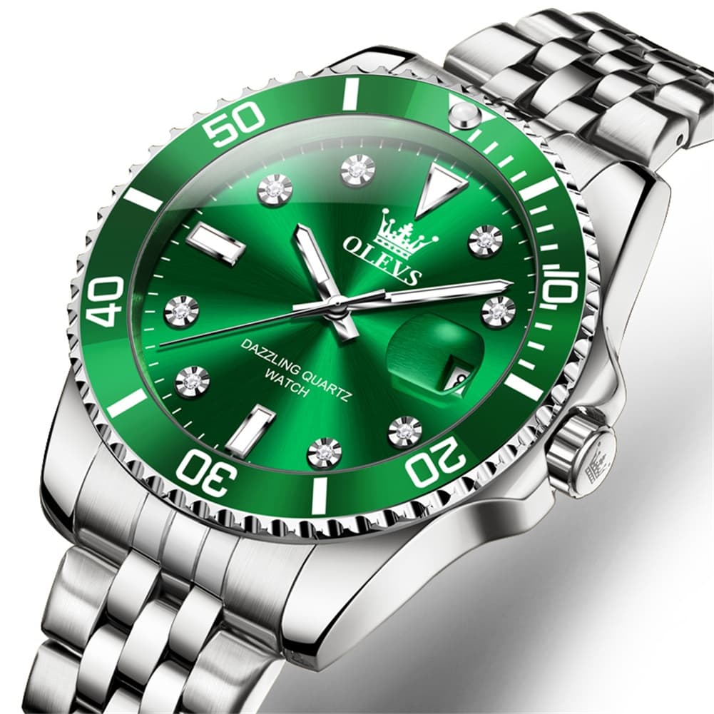 OLEVS 9809 Rotating Bezel Diamond Dial Stainless Steel Quartz Watch for Men