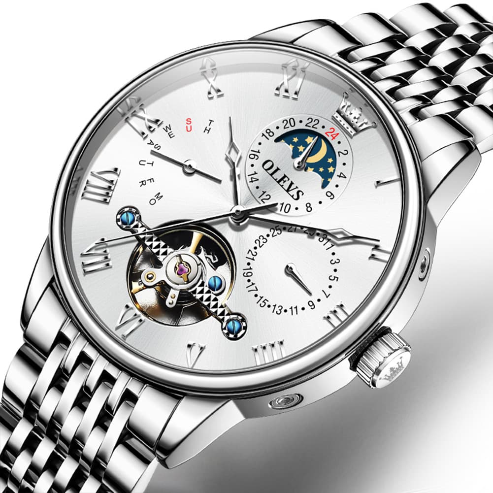 OLEVS 7009 Sun and Moon Skeleton Mechanical Watch for Men