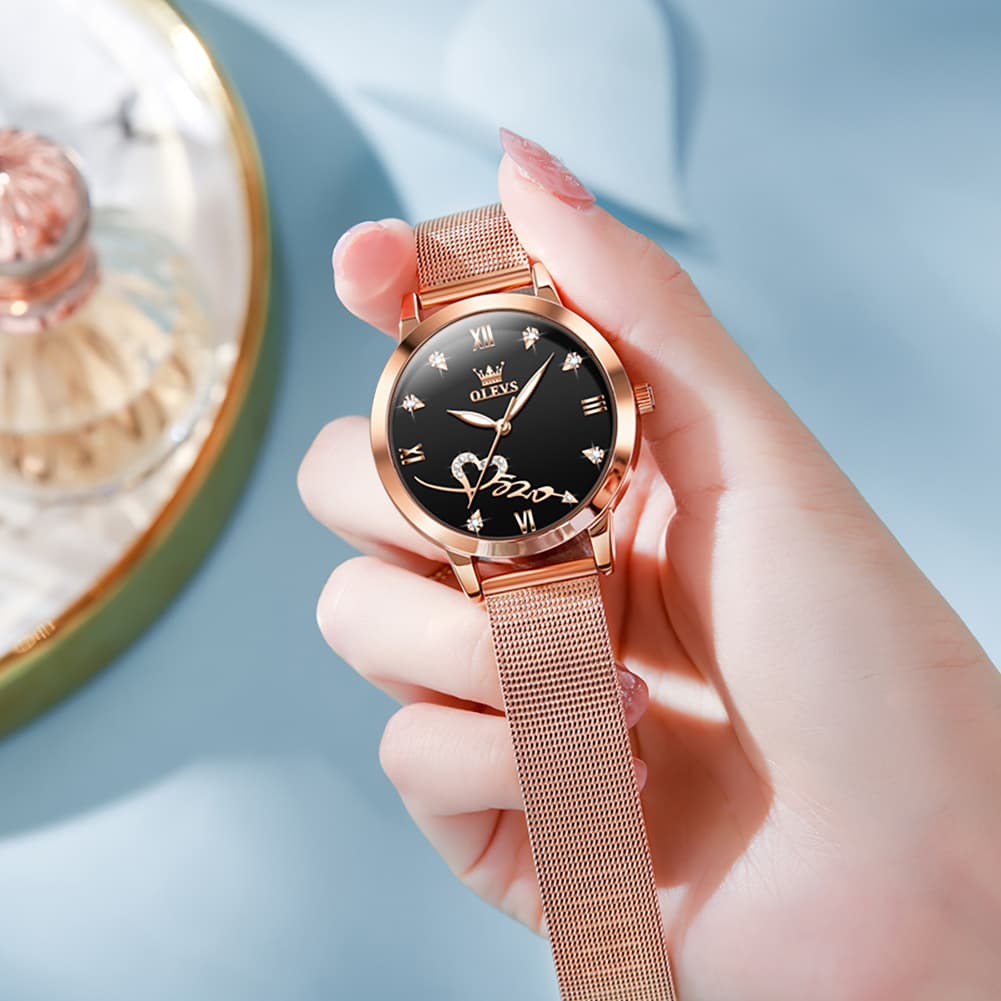 OLEVS Romantic Heart Crystal Dress Watch for Women Rose Gold Milanese Mesh 5530