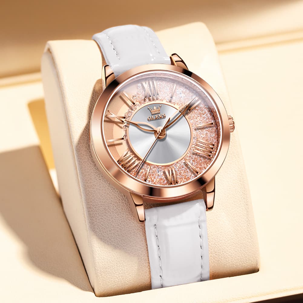 OLEVS Flowing Quicksand Crystal Dress Watch for Women Leather Strap 5539