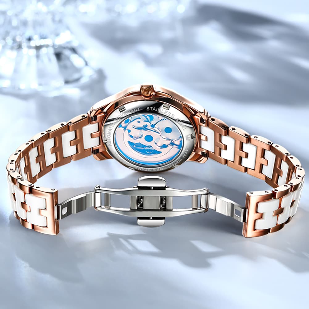 OLEVS 6615 Automatic Skeleton Bright Butterfly Watch Set for Women