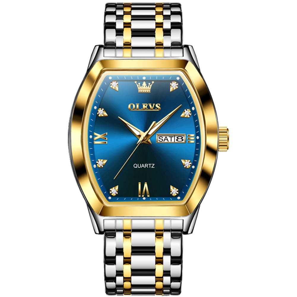 OLEVS Tonneau Diamond Dial Day Date Quartz Watch 5528 Steel Band for Men