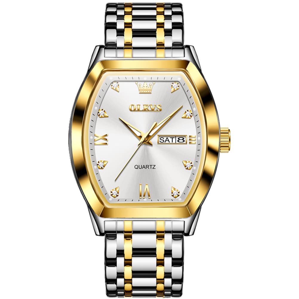 OLEVS Tonneau Diamond Dial Day Date Quartz Watch 5528 Steel Band for Men