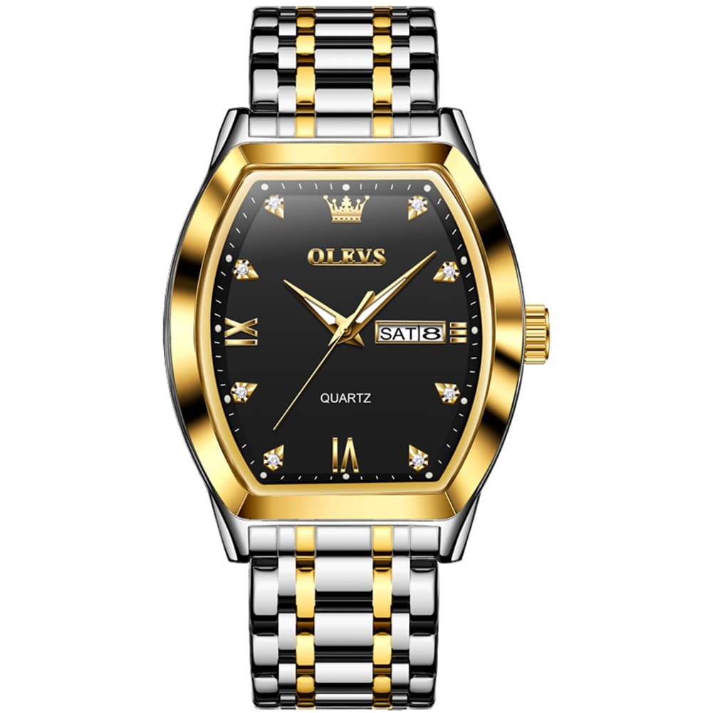 OLEVS Tonneau Diamond Dial Day Date Quartz Watch 5528 Steel Band for Men