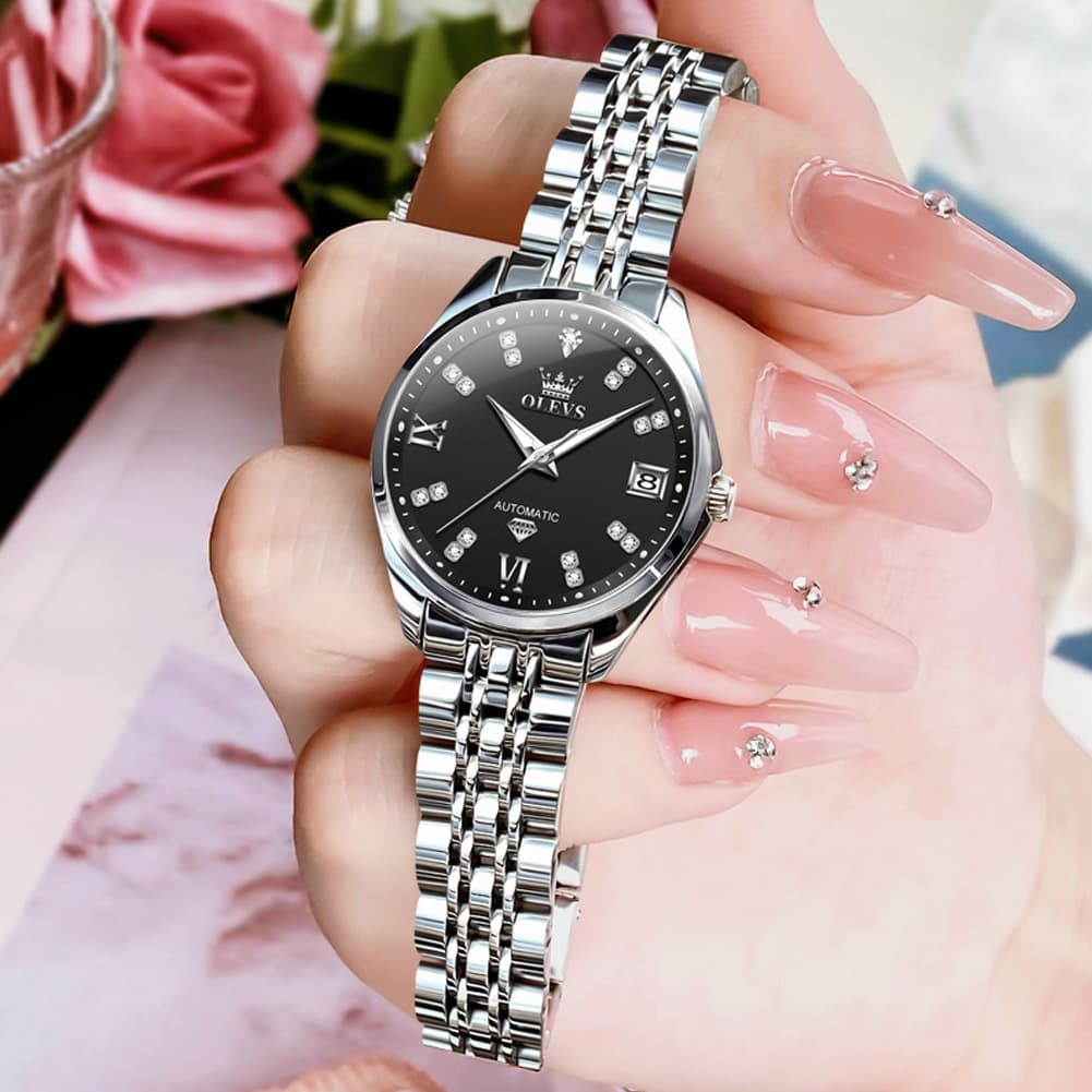 OLEVS Diamond Dial Automatic Mechanical Watch 9801 Date Display for Women