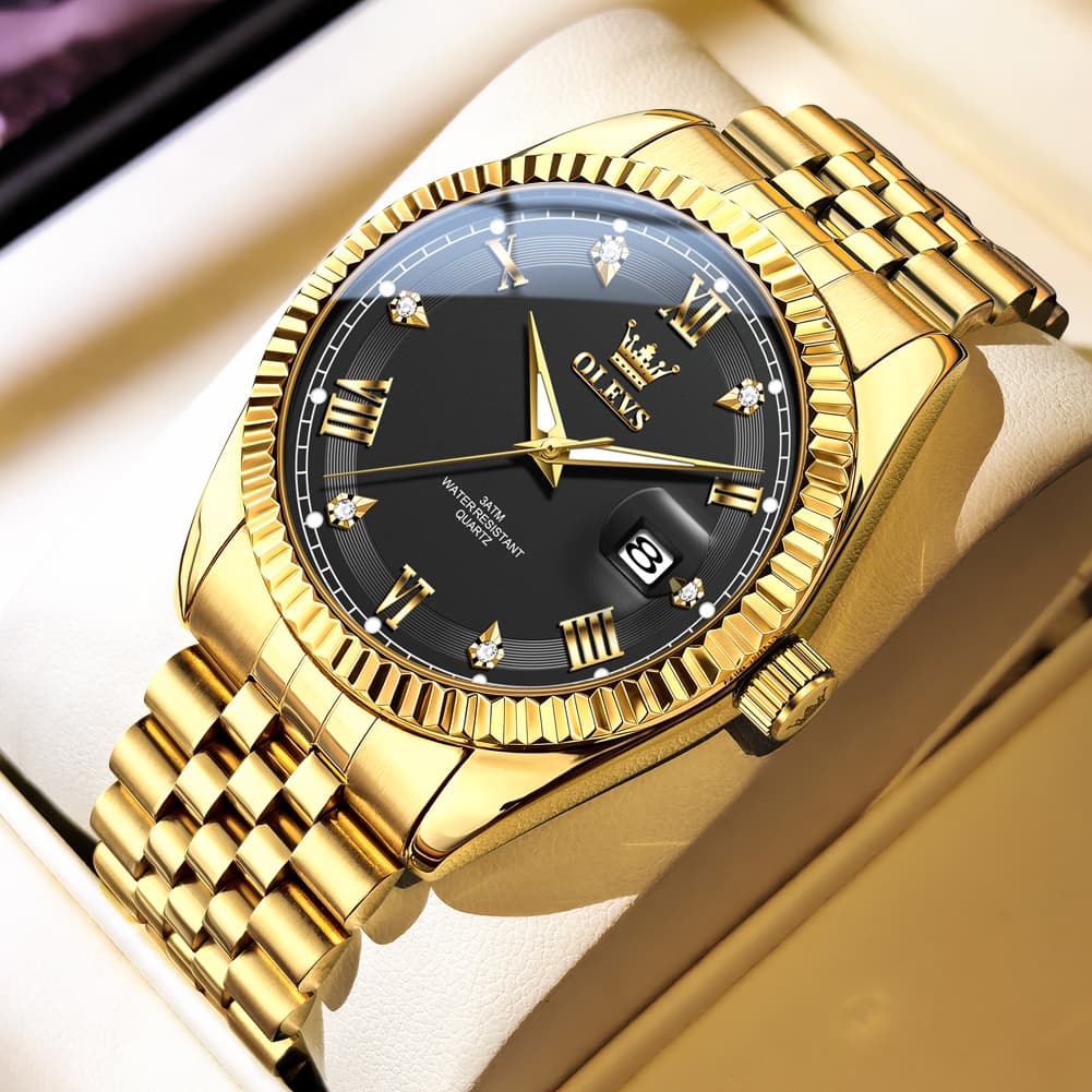 OLEVS 5680 Fluted Bezel Roman Diamond Dial Watch Stainless Steel Jubilee Bracelet Quartz Timepiece for Men