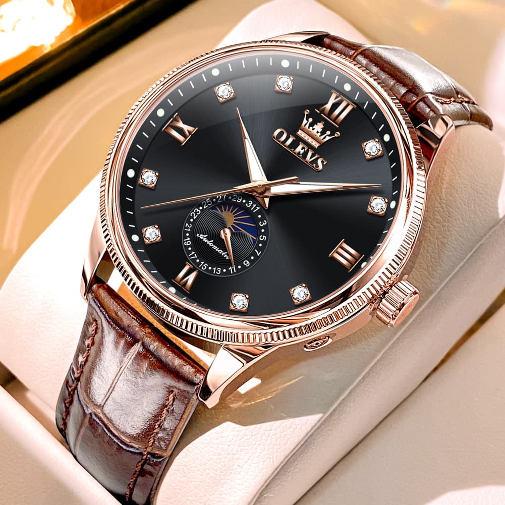 OLEVS 7039 Leather Moon Phase Mechanical Watch For Men
