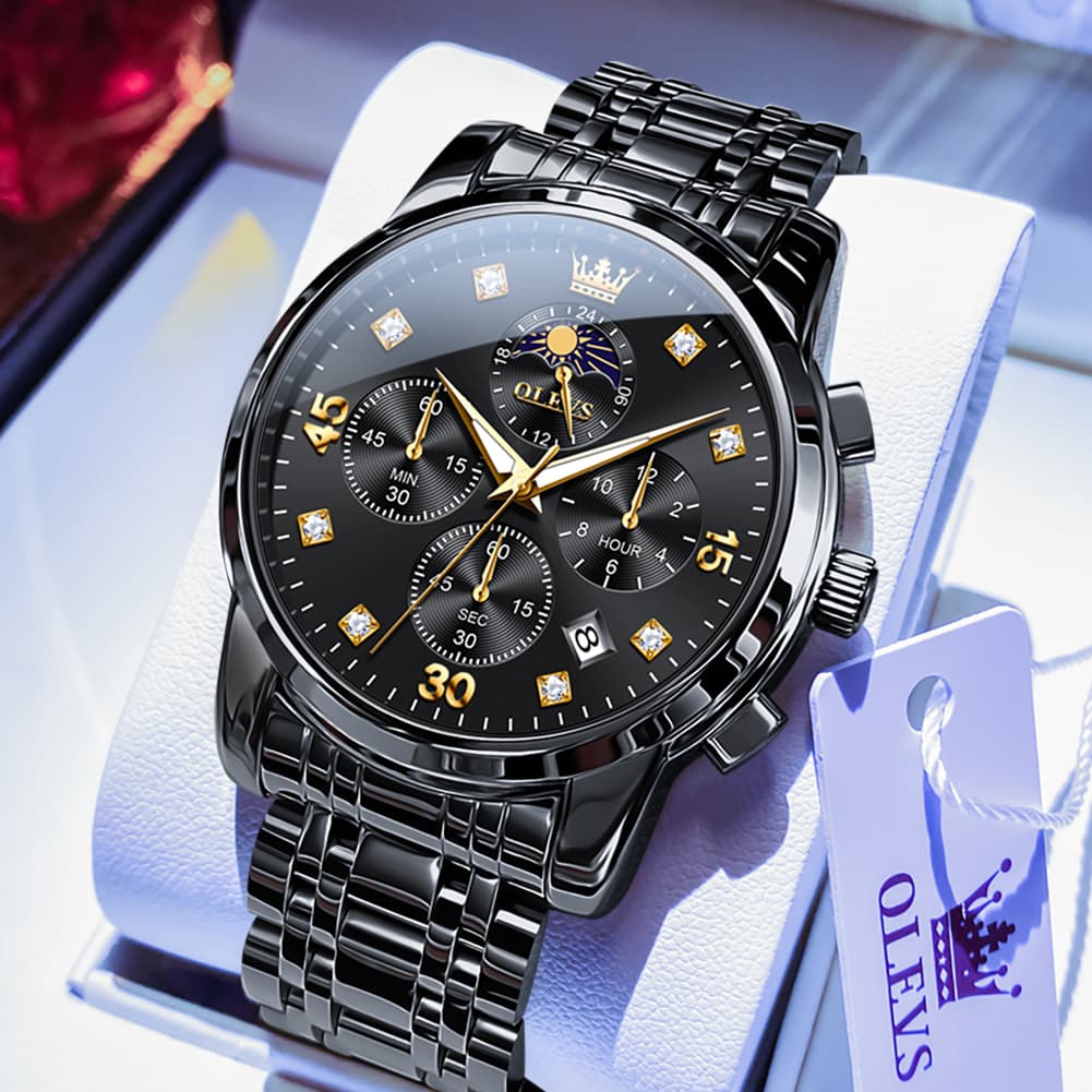 OLEVS 3652 Chronograph Moon Phase Diamond Dial Stainless Steel Watch For Men