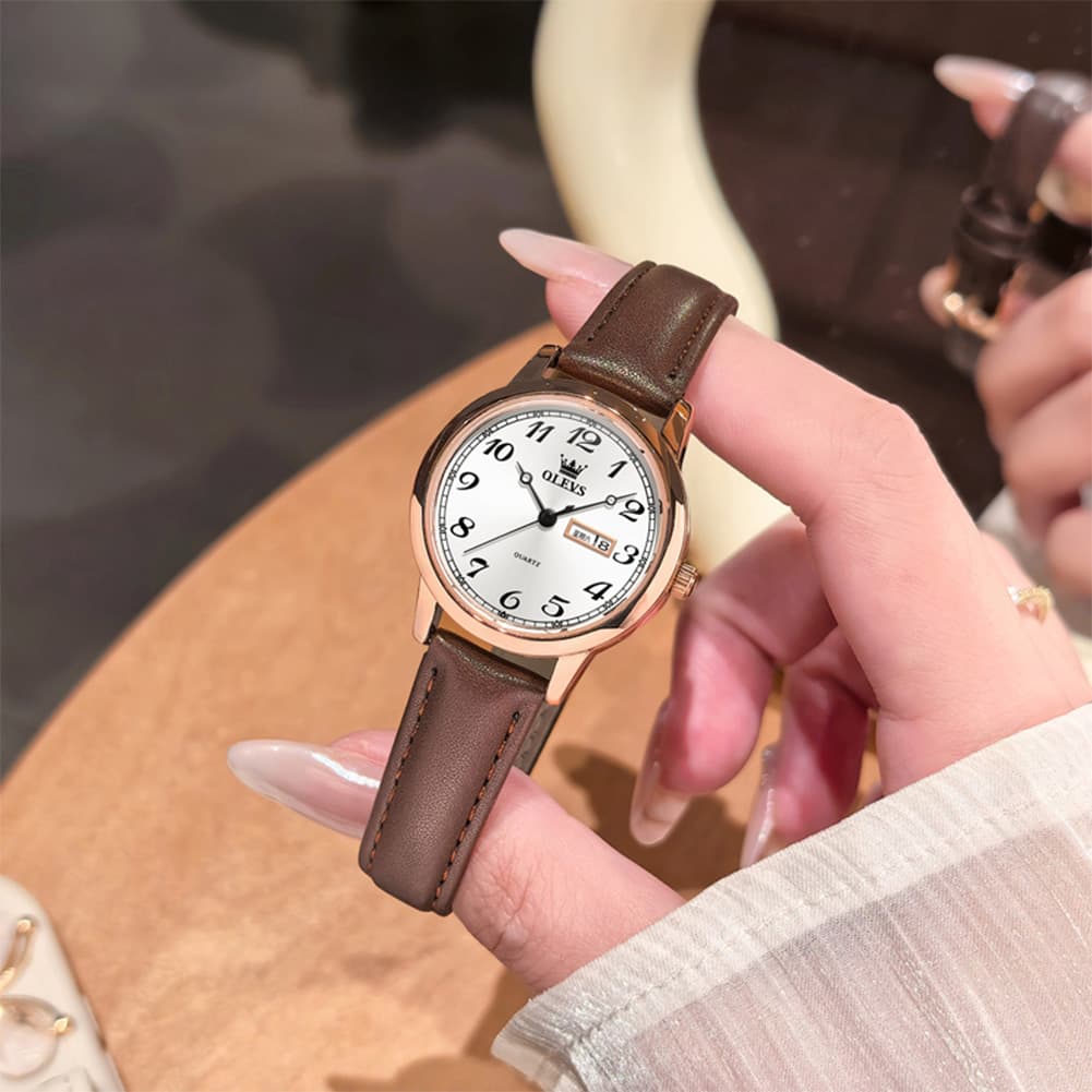 OLEVS 5662 Petite Vintage Quartz Watch Day Date Leather Strap Elegant Dress Timepiece for Women