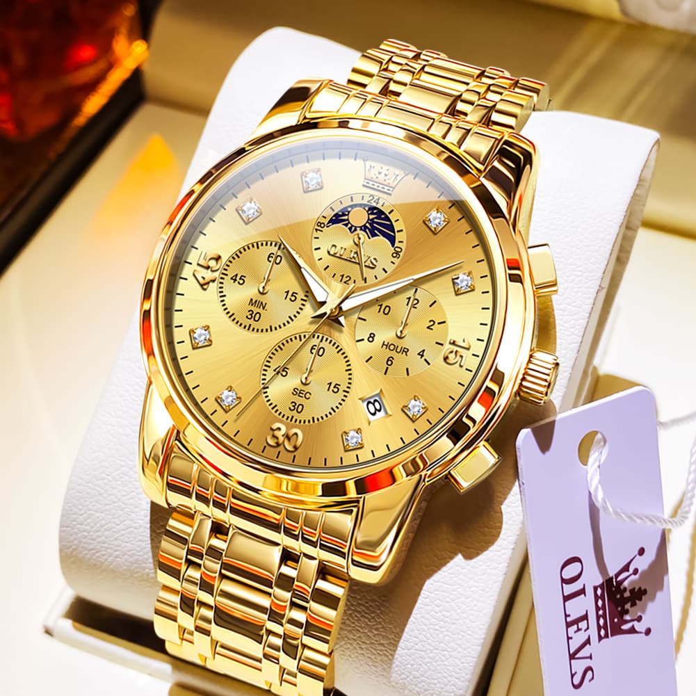 OLEVS 3652 Chronograph Moon Phase Diamond Dial Stainless Steel Watch For Men