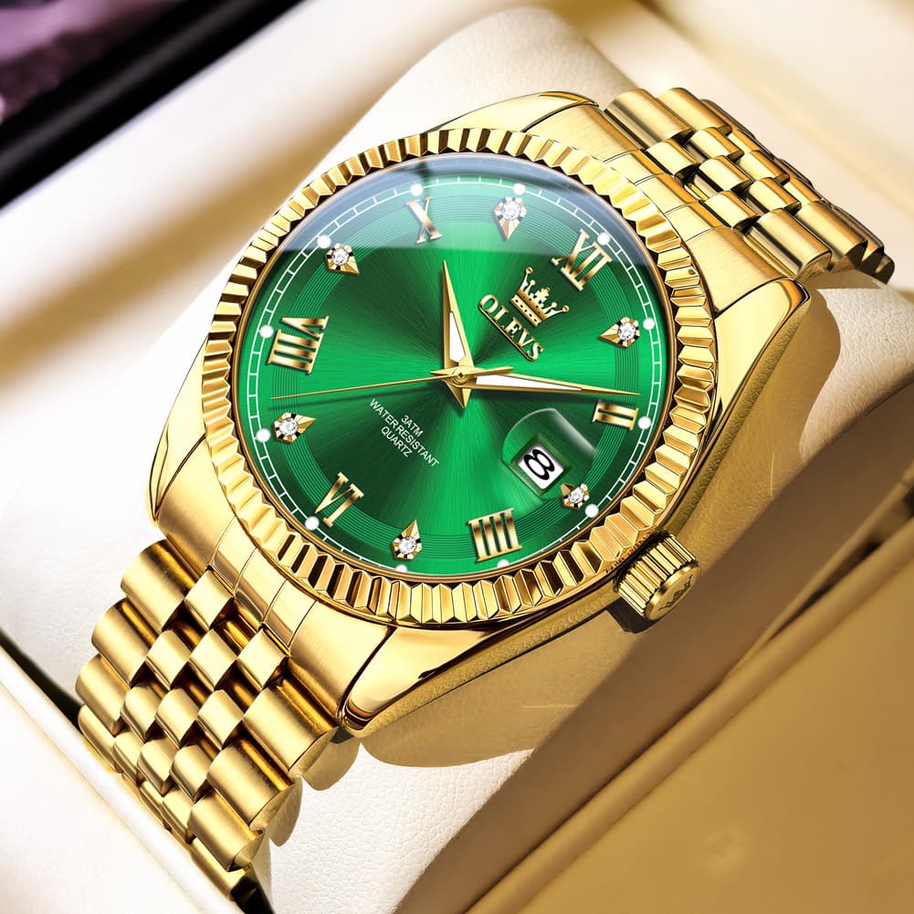 OLEVS 5680 Fluted Bezel Roman Diamond Dial Watch Stainless Steel Jubilee Bracelet Quartz Timepiece for Men