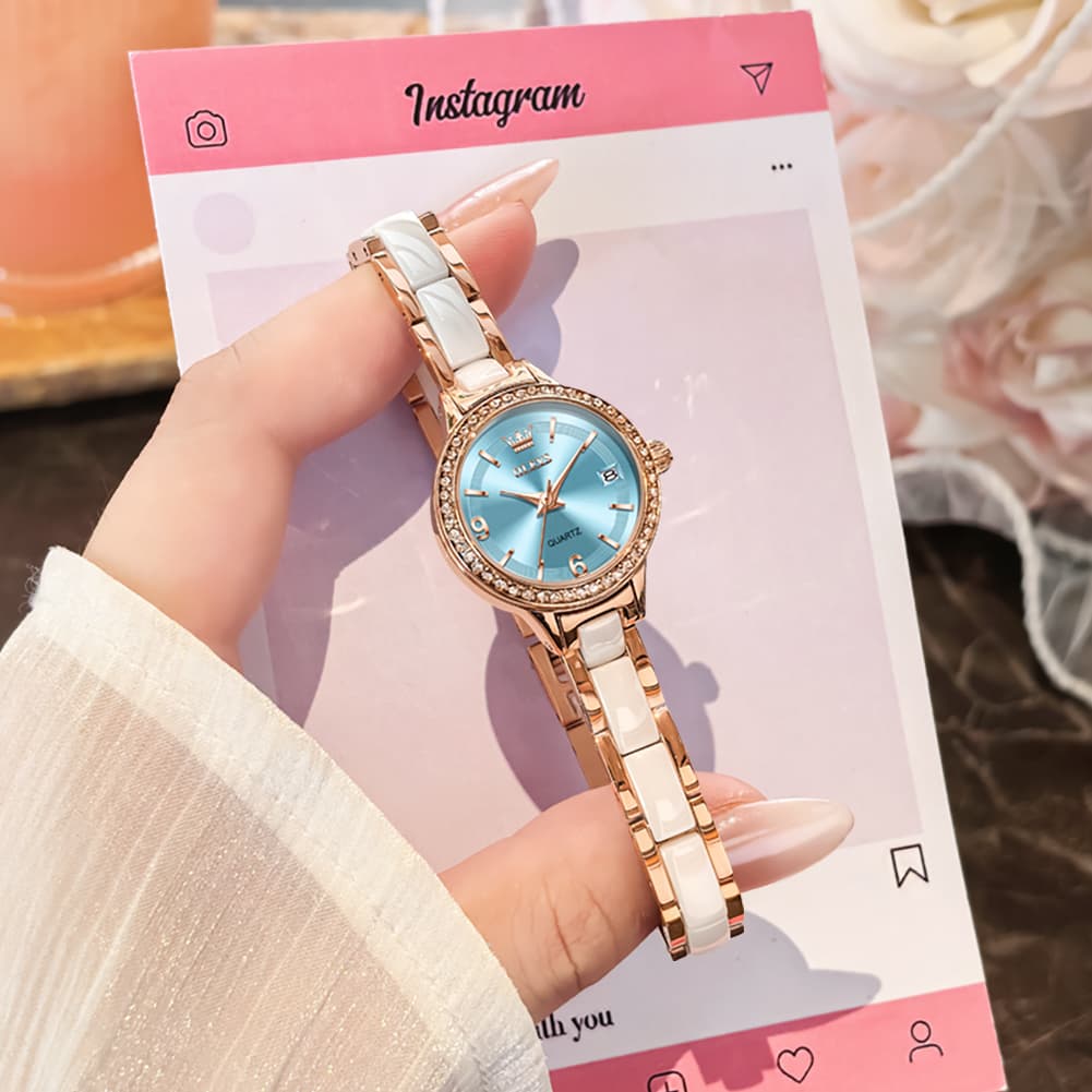 OLEVS 7093 White Ceramic Watch Women Dainty Diamond Bezel Date Quartz Jewelry Timepiece