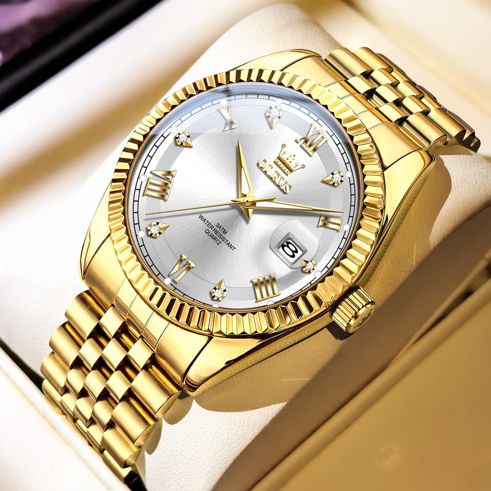 OLEVS 5680 Fluted Bezel Roman Diamond Dial Watch Stainless Steel Jubilee Bracelet Quartz Timepiece for Men