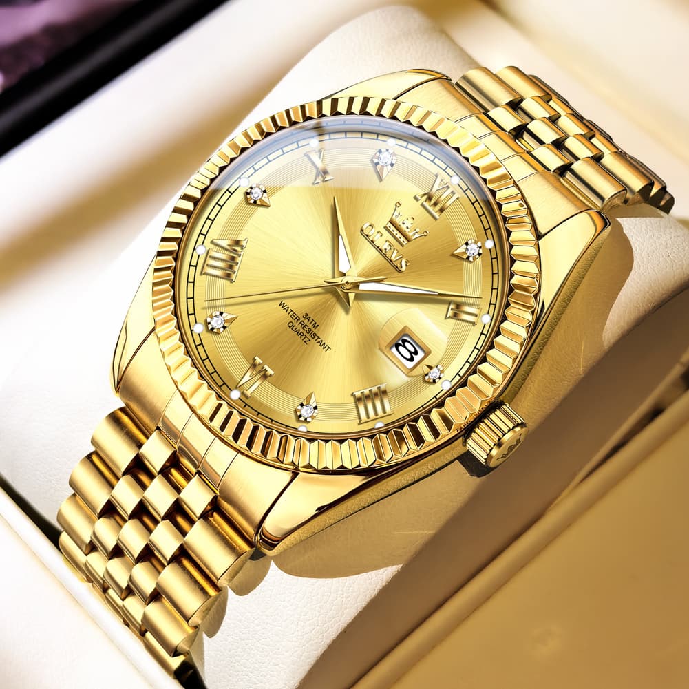 OLEVS 5680 Fluted Bezel Roman Diamond Dial Watch Stainless Steel Jubilee Bracelet Quartz Timepiece for Men