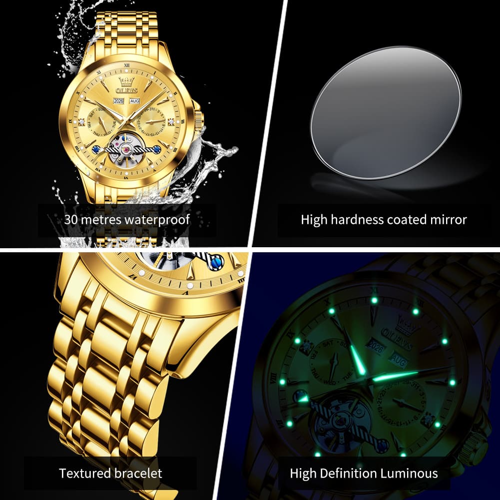OLEVS 7091 Double Open Heart Multi-Function Automatic Watch For Men