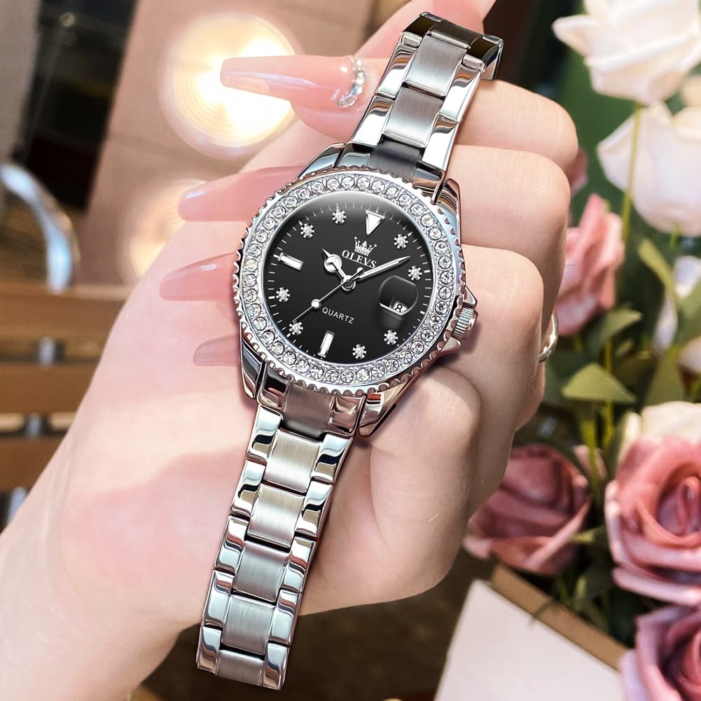 OLEVS 9945 Diamond Bezel Date Display Quartz Watch for Women