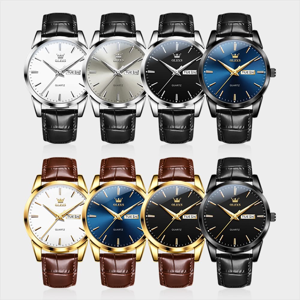OLEVS 6898P Ultra Thin Day Date Watch Leather Strap Quartz Casual Timepiece for Men