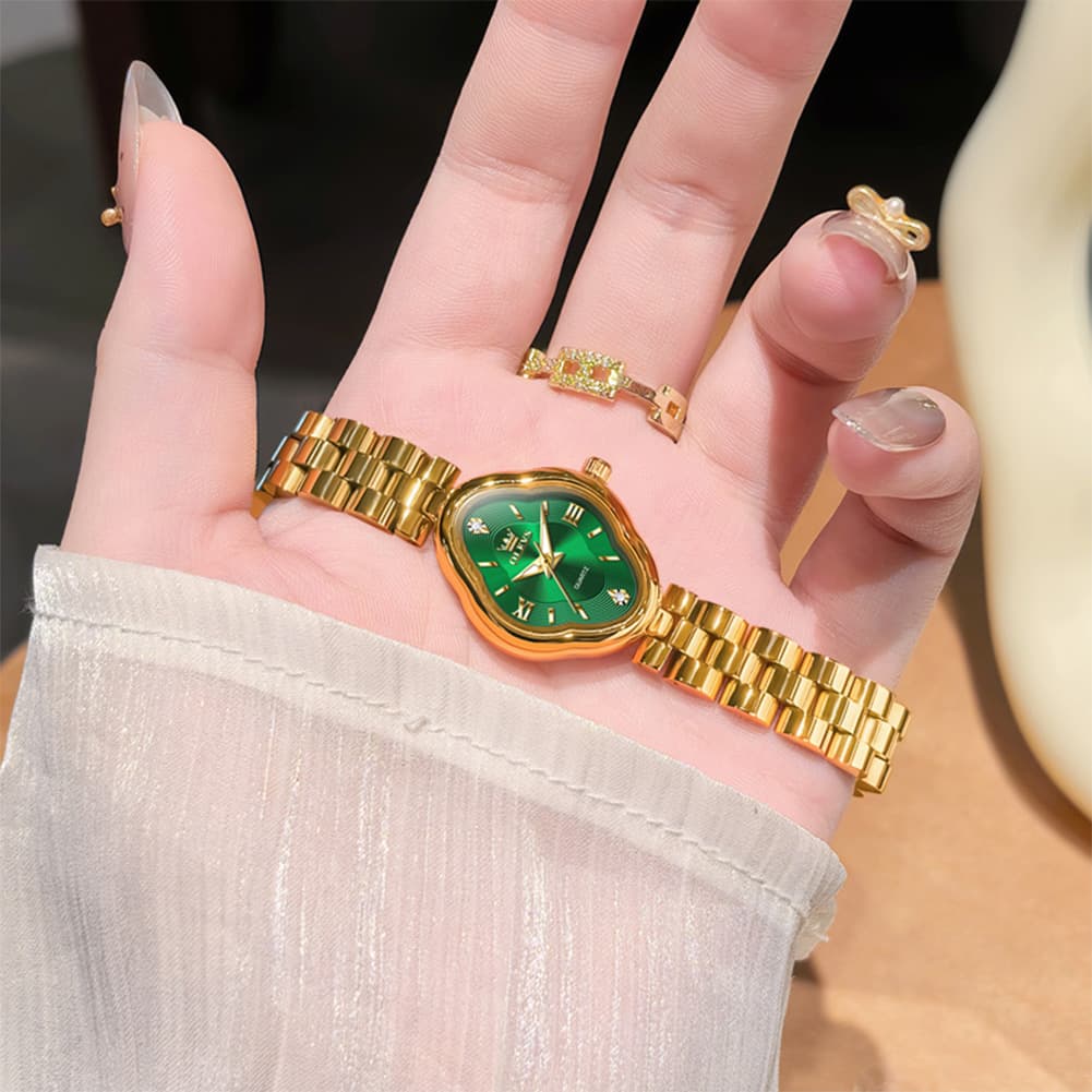 OLEVS 5666 Petal Case Vintage Dress Watch Gold Bracelet Quartz Jewelry Timepiece for Women