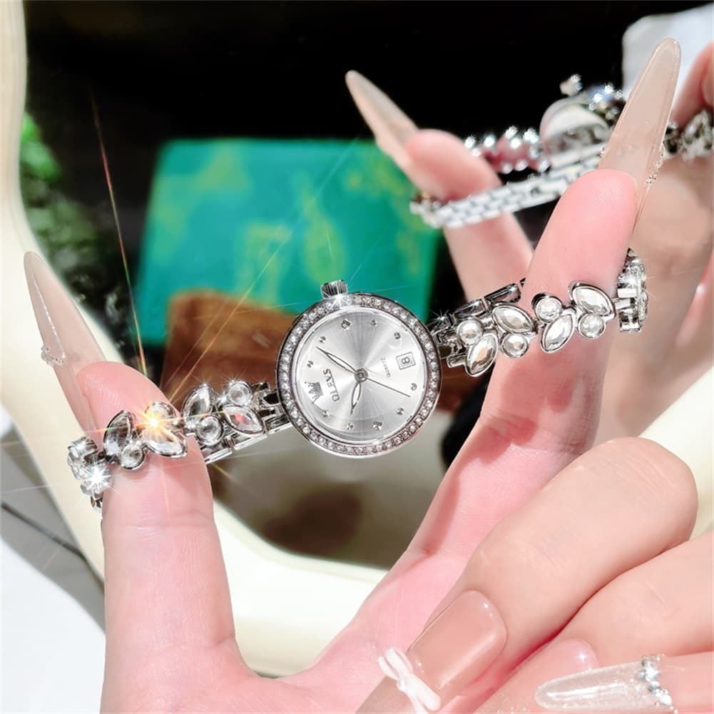 OLEVS 5679 Crystal Cluster Bracelet Watch Zircon Bezel Date Quartz Jewelry Timepiece for Women