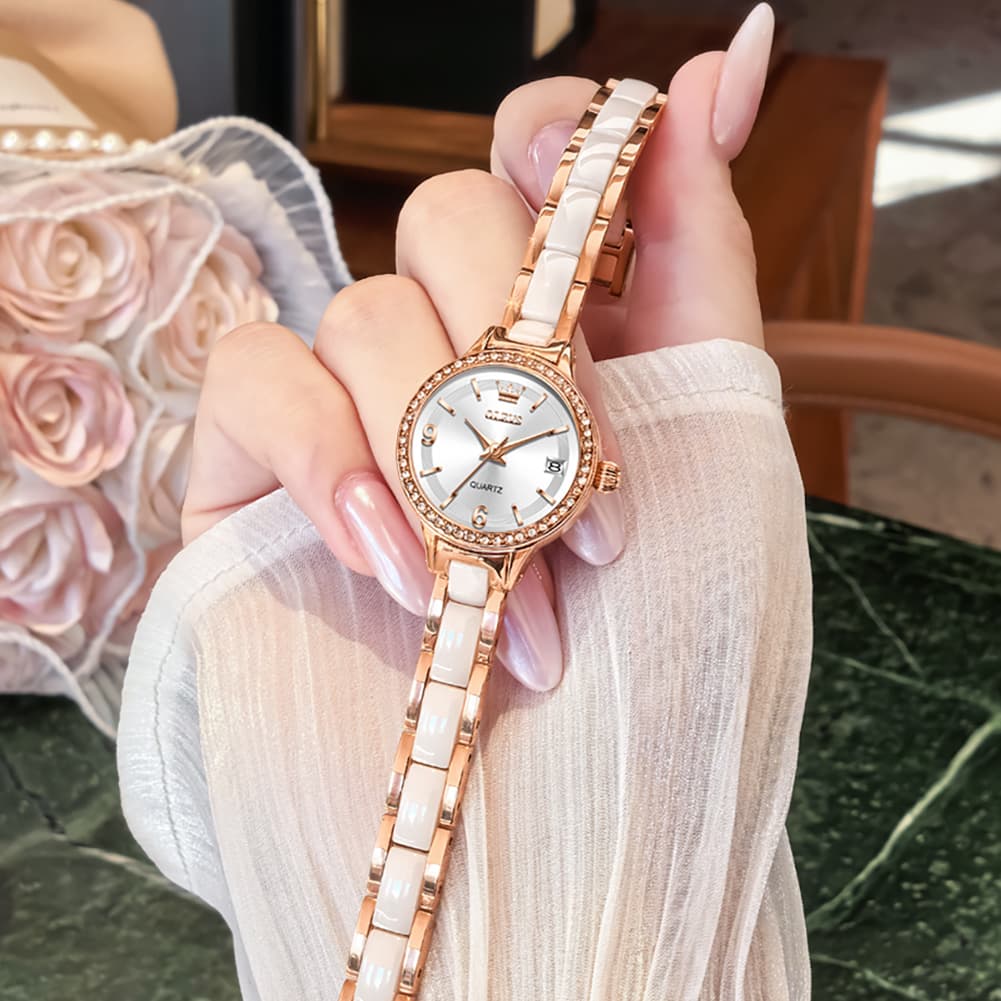 OLEVS 7093 White Ceramic Watch Women Dainty Diamond Bezel Date Quartz Jewelry Timepiece