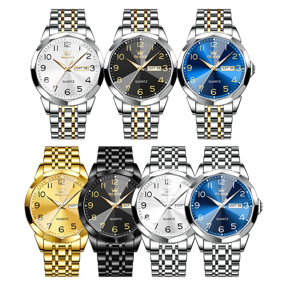 OLEVS 9970 3D Rhombic Faceted Glass Day Date Watch for Men