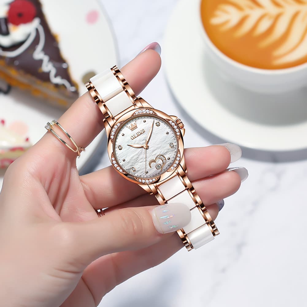 OLEVS 6631 Ceramic Mechanical Skeleton Watch for Women
