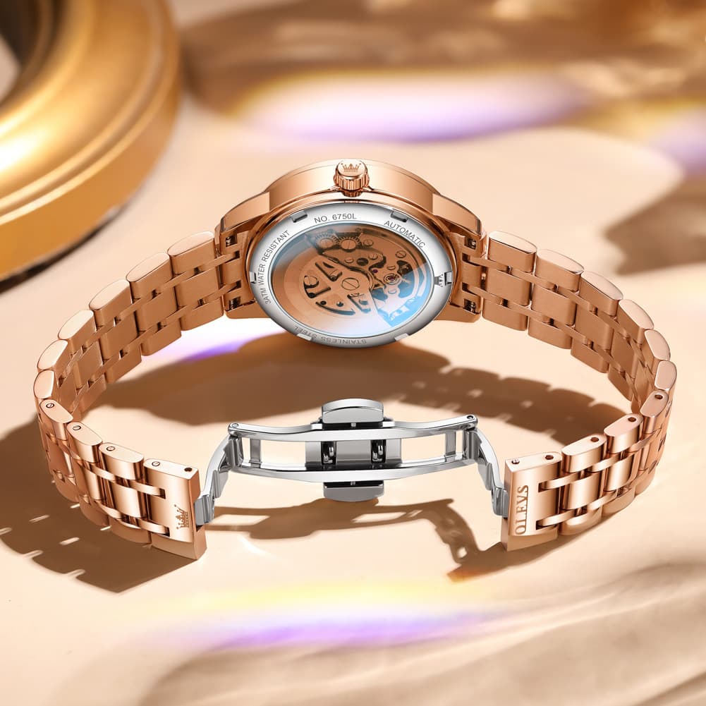 OLEVS 6750 Diamond Bezel Skeleton Mechanical Watch for Women