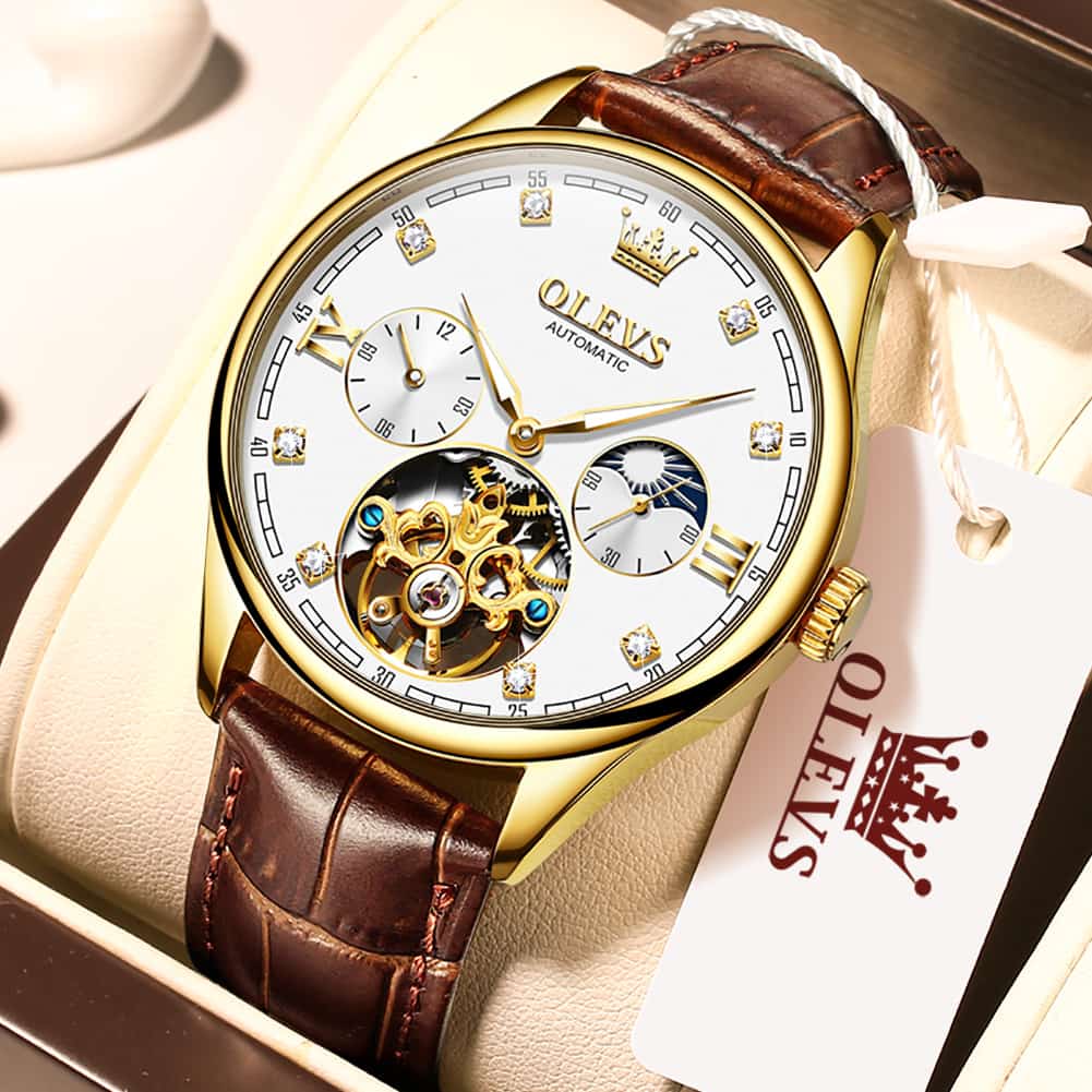OLEVS 3601 Classic Open Heart Automatic Leather Watch for Men