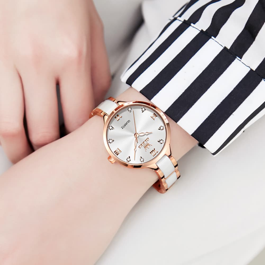 OLEVS 5872 Ceramic Bracelet Watch Rose Gold Diamond Accent Quartz Luxury Timepiece for Women