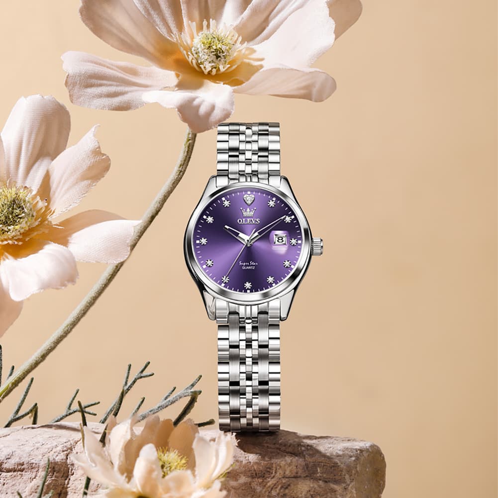 OLEVS 5649 Diamond Starry Dial Quartz Watch Calendar Stainless Steel Bracelet Timeless Timepiece for Women