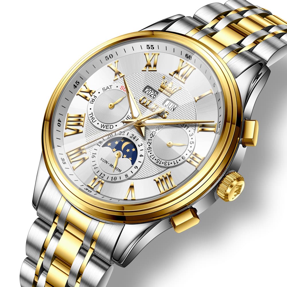 OLEVS 7113 Diamond Cut Glass Moon Phase Automatic Mechanical Watch for Men
