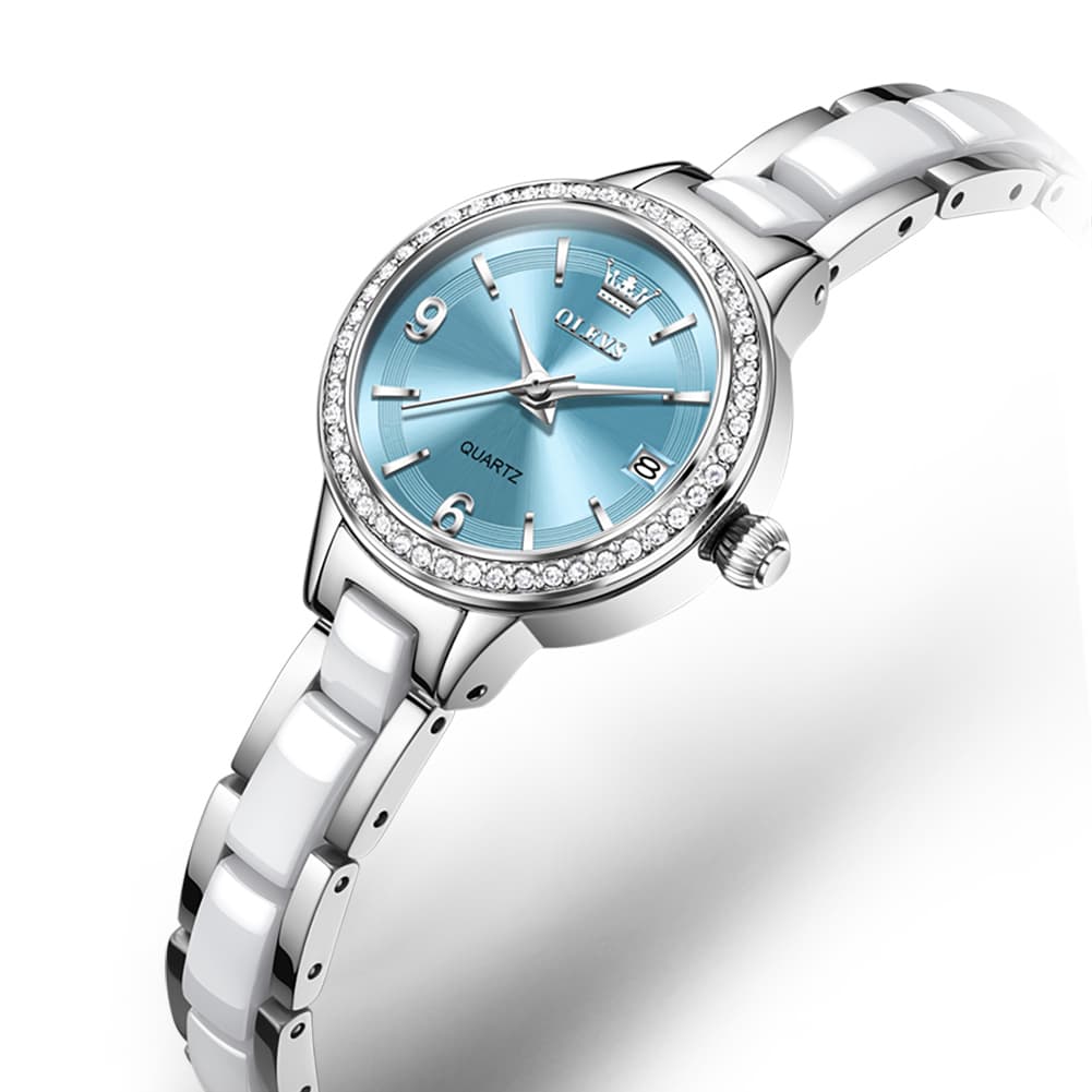 OLEVS 7093 White Ceramic Watch Women Dainty Diamond Bezel Date Quartz Jewelry Timepiece