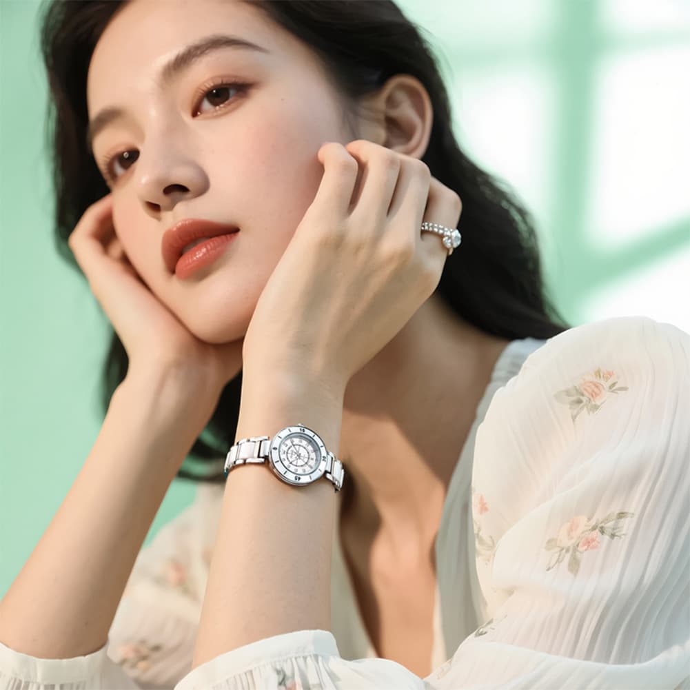 OLEVS 7083 White Ceramic Watch Sport Luxe Diamond Accent Stainless Steel Bracelet Quartz Timepiece for Women