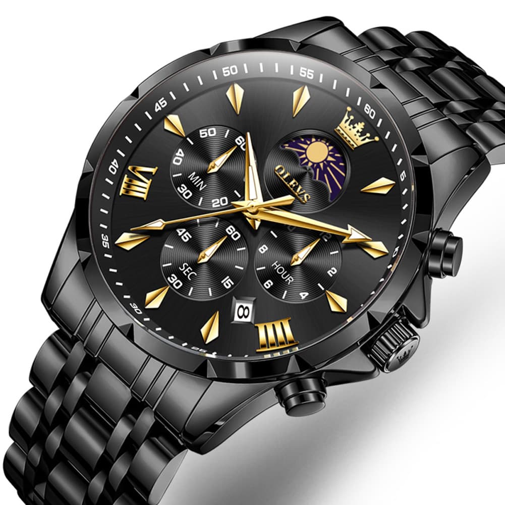 OLEVS 3653 Chronograph Moon Phase Sporty Dial Stainless Steel Watch For Men