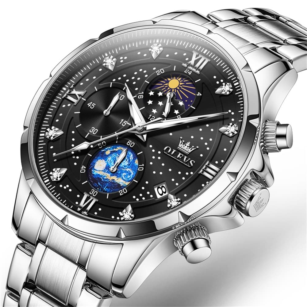 OLEVS 9807 Starry Moon Phase Chronograph Quartz Watch for Men