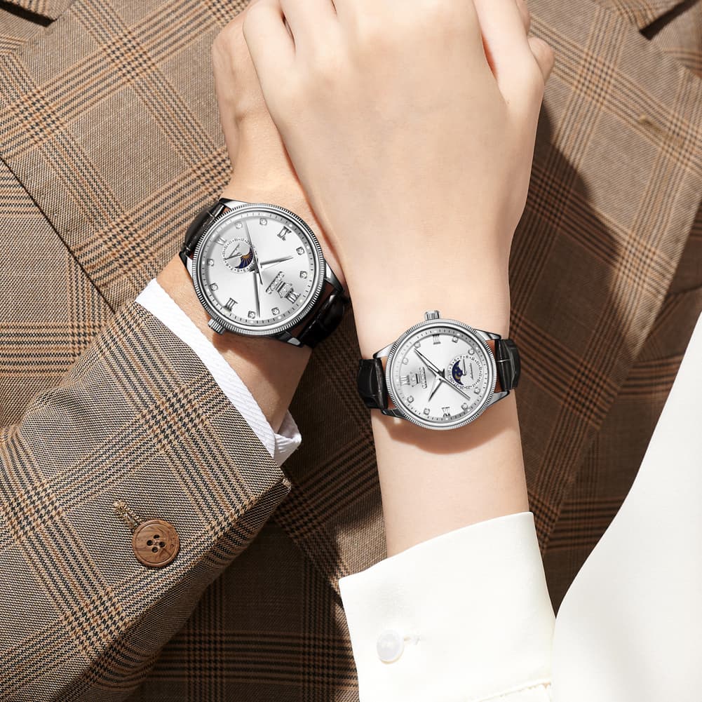 OLEVS 7039 Leather Moon Phase Couples Watch Set