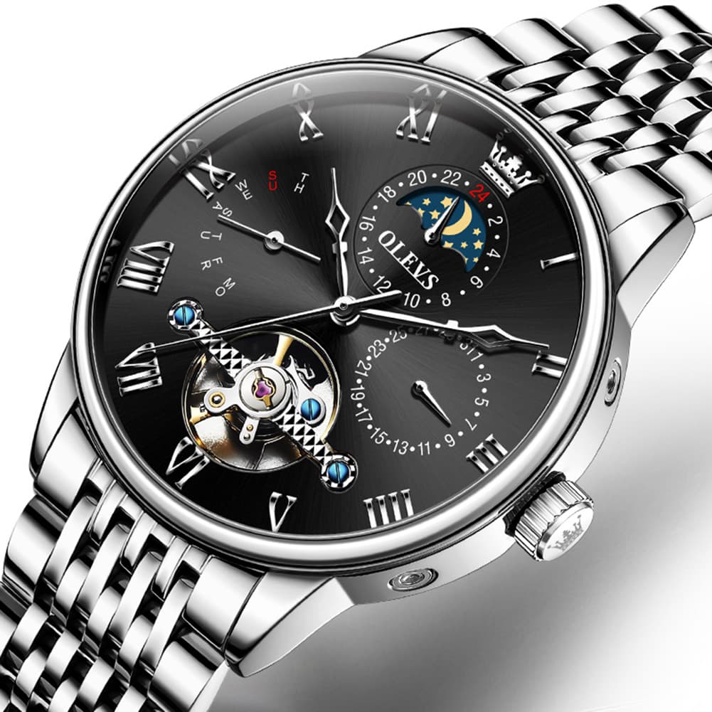 OLEVS 7009 Sun and Moon Skeleton Mechanical Watch for Men