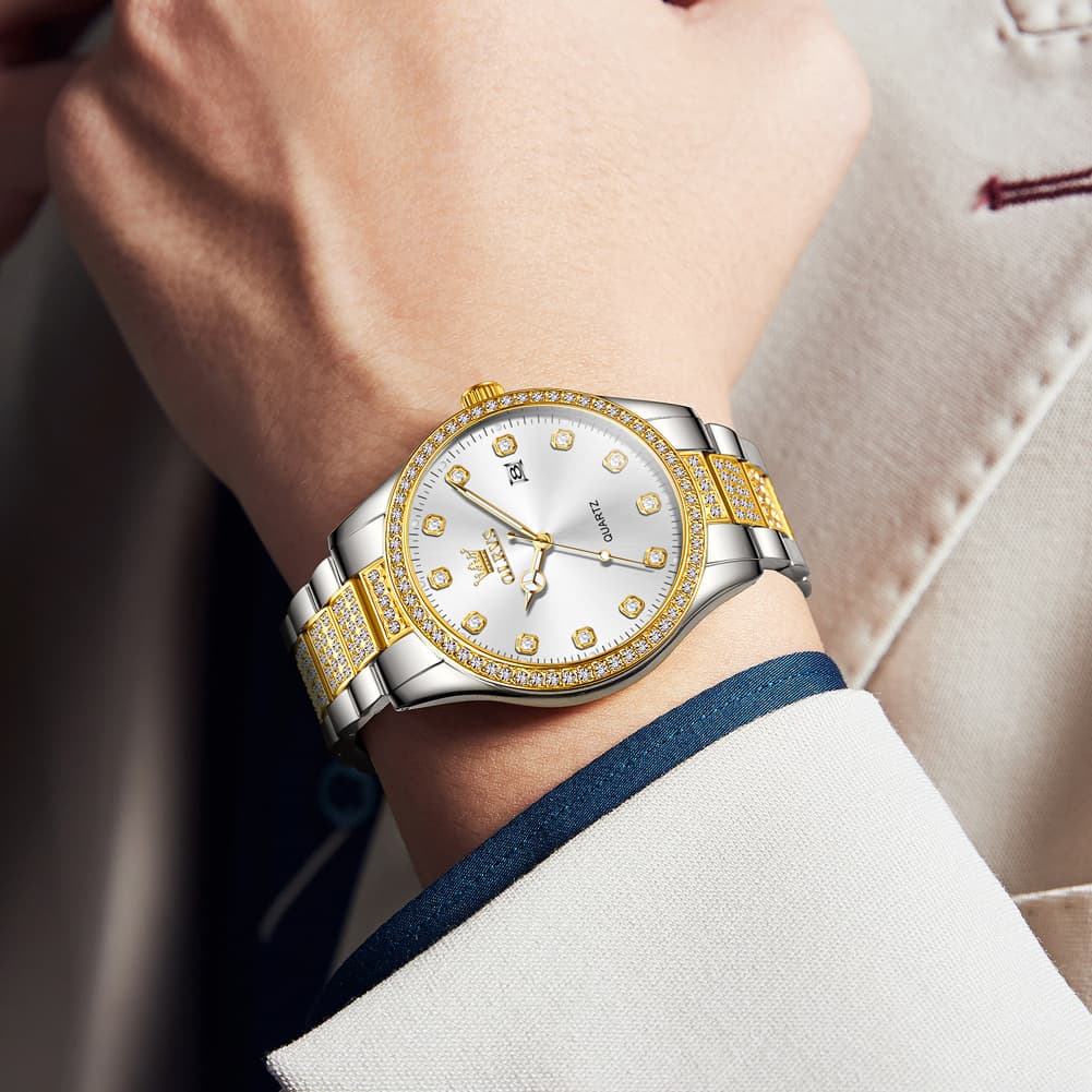 OLEVS 9905 Diamond Bezel Luxury Dress Quartz Watch for Men