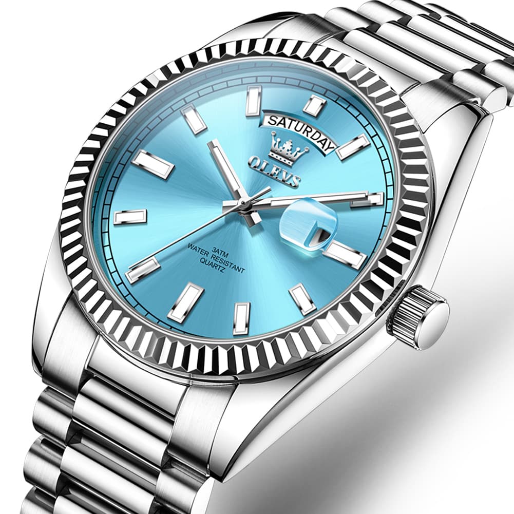 OLEVS 5650 Fluted Bezel Day Date Watch Stainless Steel Quartz Luxury Timepiece for Men